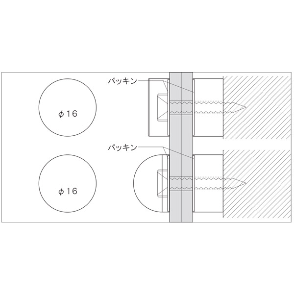 壁面に対し、サインナット胴部・パッキン・取付物・パッキン・座金の順にビス止めし、取り付けた座金にサインナット頭部を取り付けて下さい。取り付けには、太さ4mmの皿タッピングをご使用下さい。適応板厚は、12mm目安。タッピングの長さについては取り付けビスの選び方をご覧下さい。アクリル板等にφ6の穴をあけて下さい。