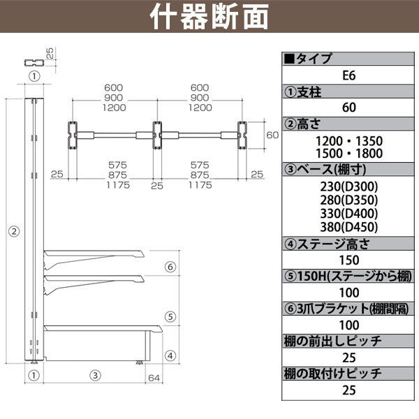 什器断面、各サイズ